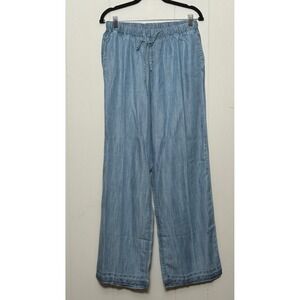 Elan Women's Blue Tencel Wide Leg Drawstring Pants Light Wash Chambray Size L